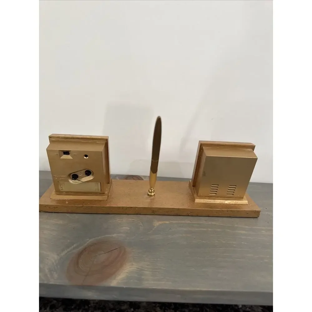 Bulova Desk Set Alarm Clock Thermometer Pen Wood Mid Century Modern VTG